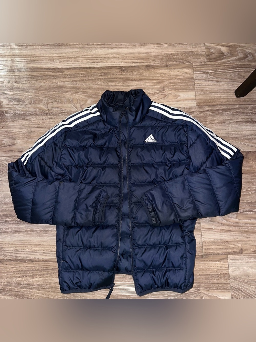 adidas Navy Blue Puffer Jacket with White Shoulder Stripes